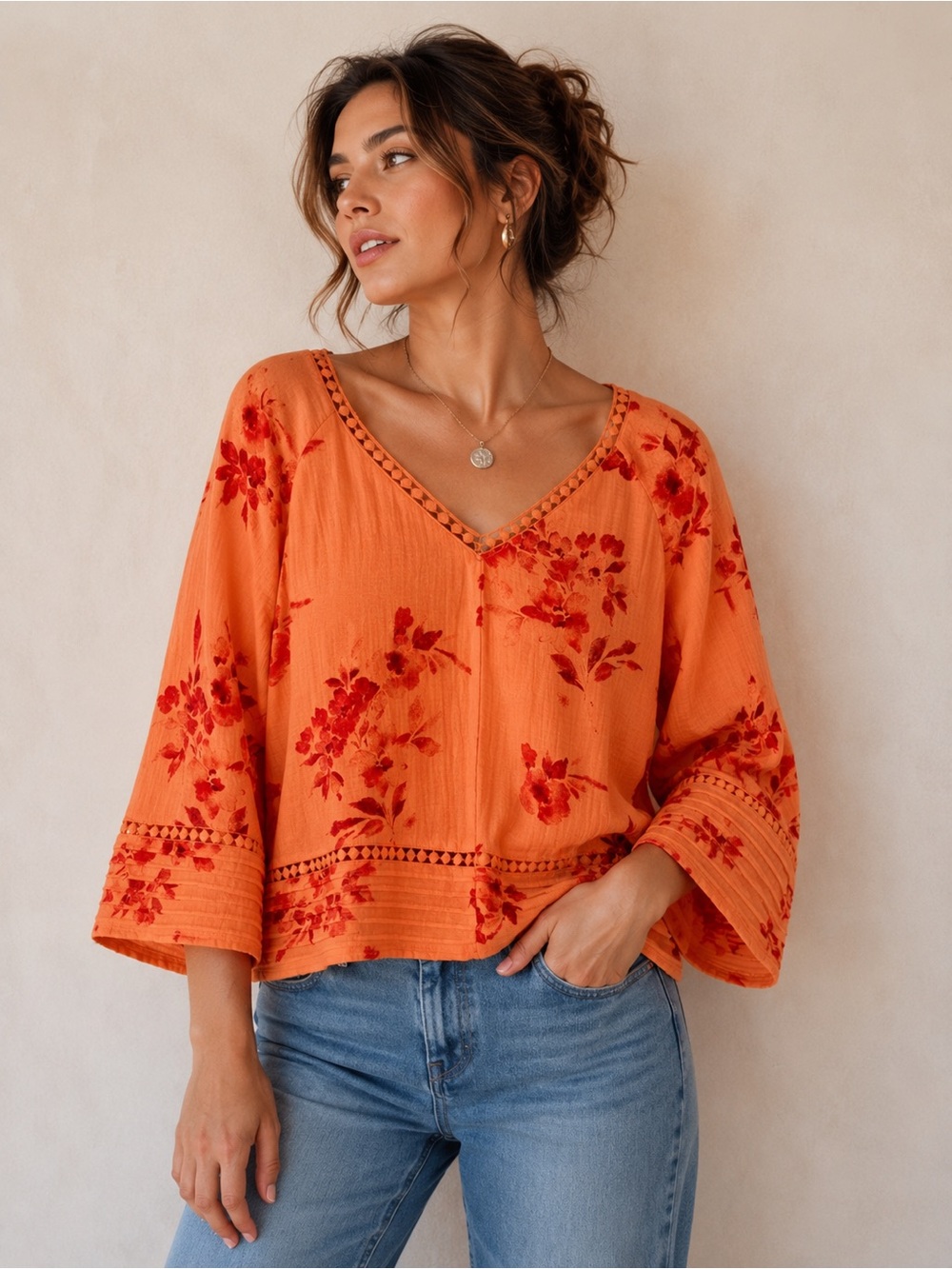 Soft Surroundings Floral Boho Cotton Blouse Size M Coral Orange 3/4 Sleeve